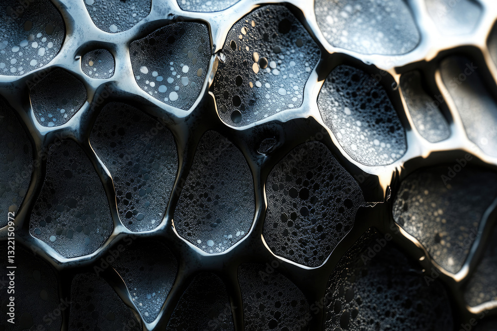 Poster Abstract close-up of a metallic surface with a honeycomb-like structure and small bubbles.