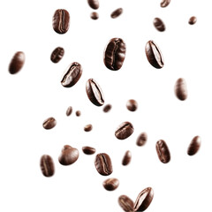 Roasted coffee beans falling down playfully delightful aroma