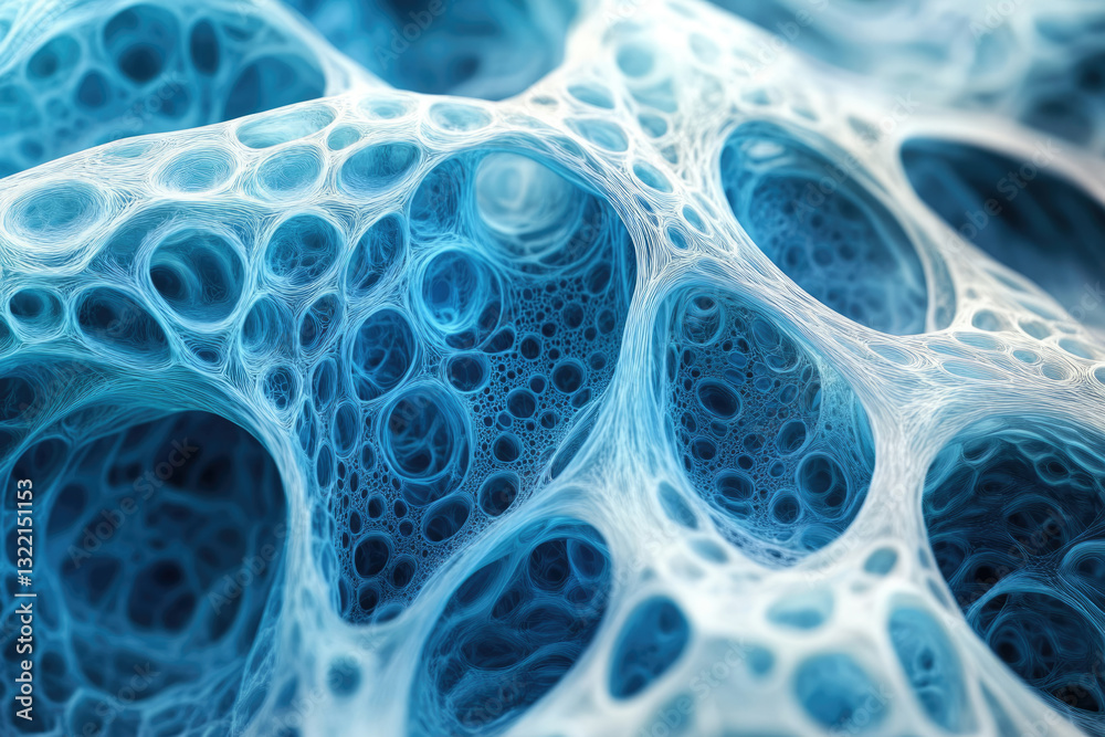 Poster Abstract blue fractal image depicting a complex, porous, web-like structure resembling a network or sponge.