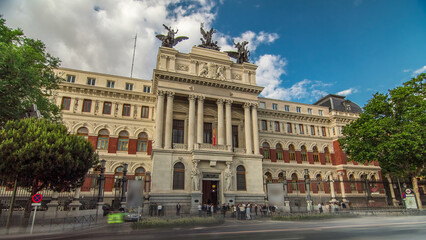 Obraz premium Government palace facade the Ministry of Agriculture building timelapse hyperlapse in Madrid, Spain.