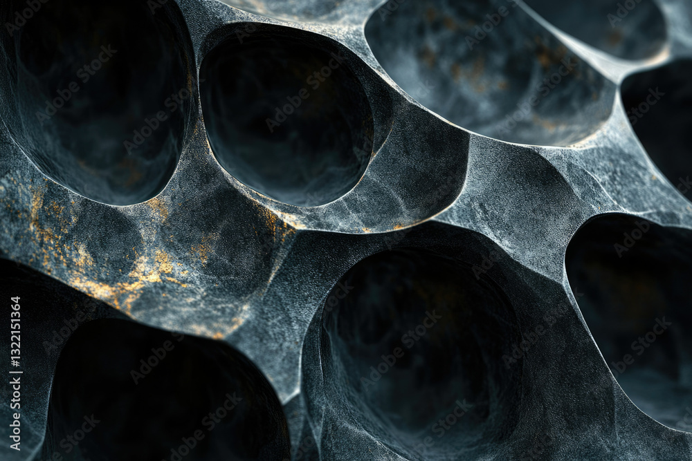 Poster abstract dark textured surface with irregular cavities and gold accents. mysterious, abstract backgr