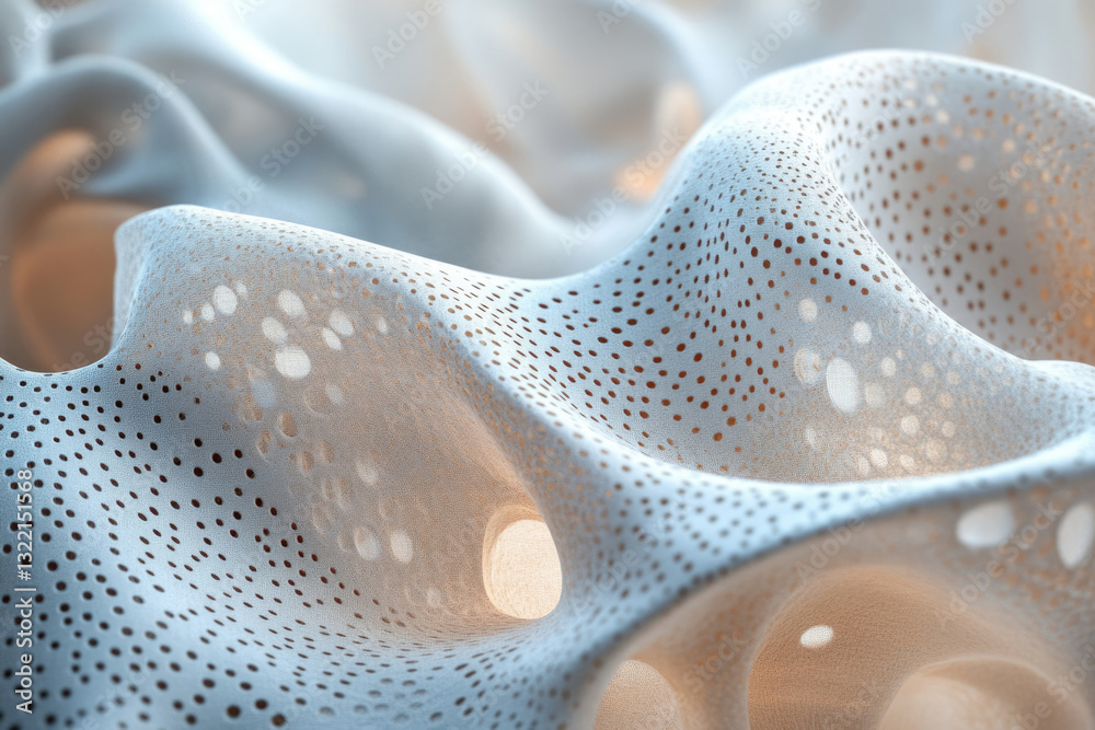 Poster Abstract 3D render of a light beige fabric with a perforated pattern, forming undulating waves and organic shapes.