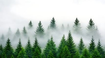 Fototapeta premium Misty Mountain Magic: Majestic Evergreen Trees Emerge from the Fog in a Breathtaking Natural Landscape.