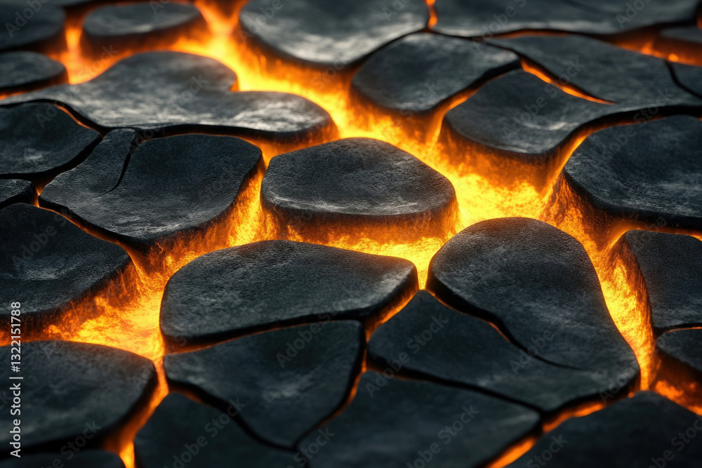Poster molten lava flows through cracks in dark, textured rocks, creating a fiery, textured surface.