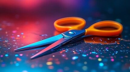 Colorful scissors lying on a shiny reflective surface surrounded by creative expression