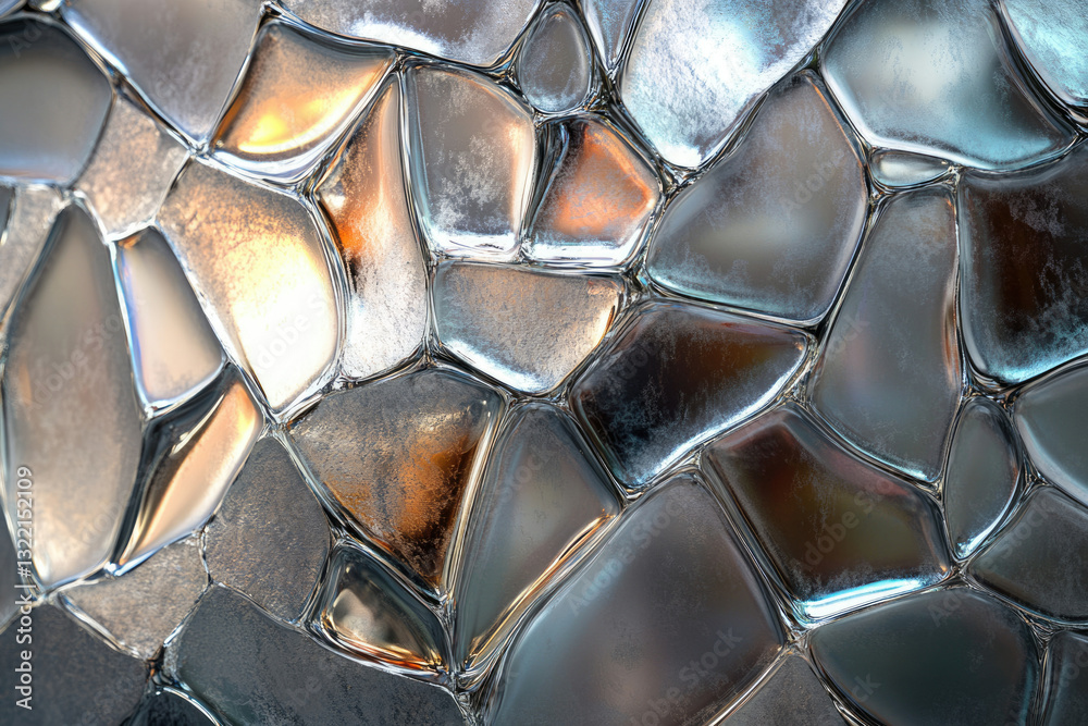 Poster abstract image of irregular, metallic-looking glass pieces forming a mosaic-like pattern with warm a