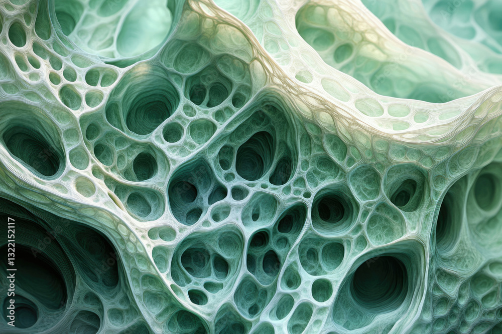 Poster Abstract 3D render of a porous, organic-like structure with interconnected cavities and a teal color scheme.
