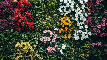 Colorful blooming flowers and green foliage arranged in a natural wall