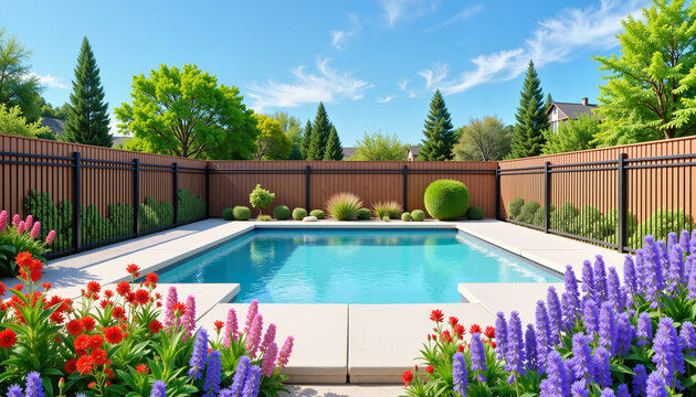 Vibrant backyard pool surrounded by colorful flowers, promoting safety
