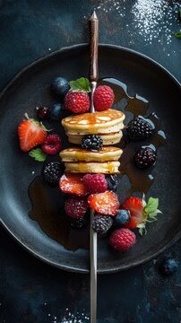 A breakfast skewer with mini pancakes, berries, and a drizzle of syrup, elegantly arranged on a skewer resting on a pan
