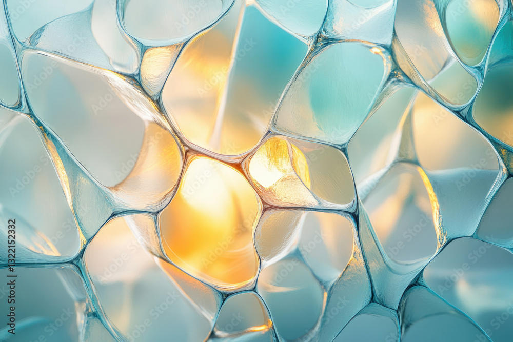 Poster Abstract image of interconnected, translucent cells with a warm, golden light source.