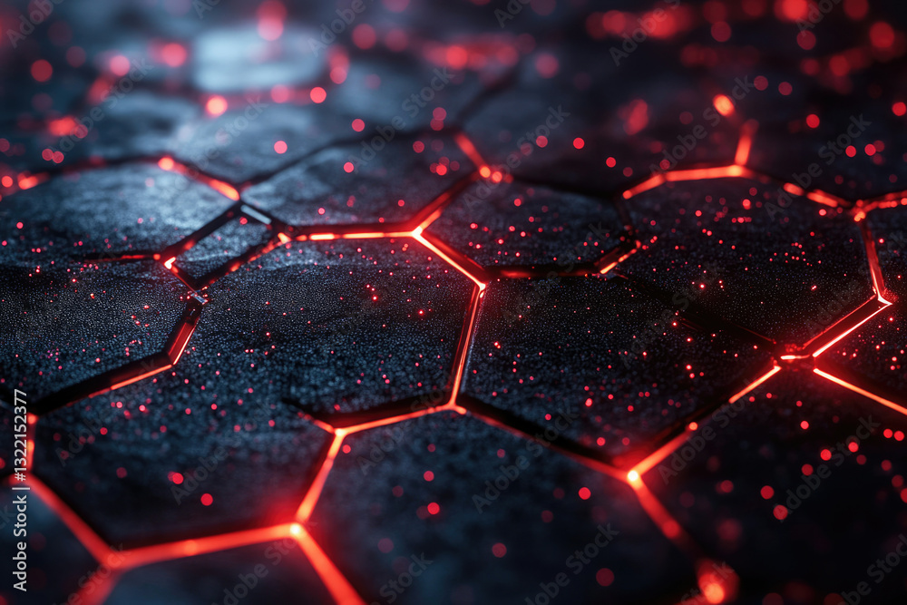 Poster Glowing hexagonal grid, dark metallic surface with red energy lines. Futuristic abstract background.