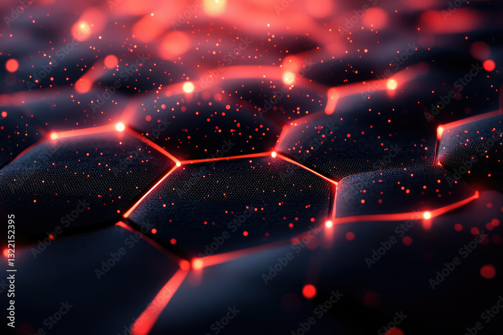 Aufkleber Abstract hexagonal grid with red glowing lines and particles, futuristic technology background.