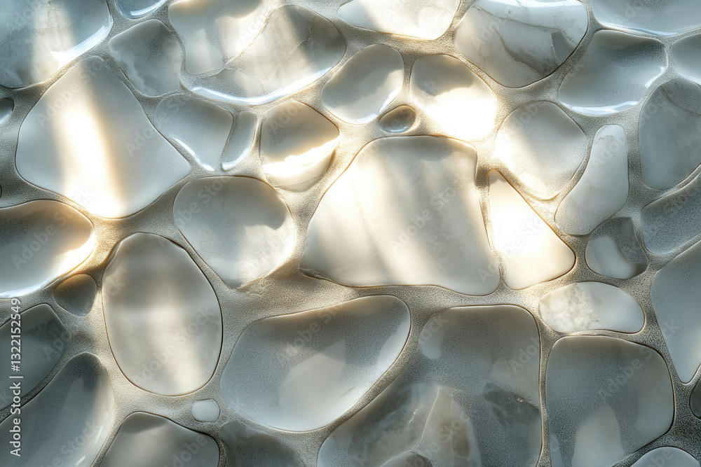 Poster abstract image of an organic, pebble-like textured surface illuminated by sunlight.