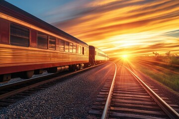 Fototapeta premium A passenger train journeys towards a vibrant sunset, casting long shadows on the railway tracks.