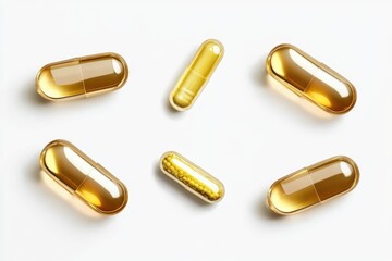 Golden oil capsule set isolated on white background. Realistic shiny medicine pills with fish oil or omega 3. Vitamin supplement. 3D illustration