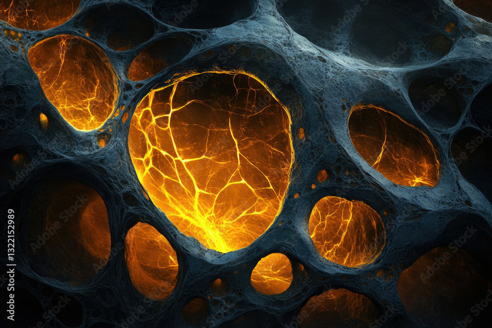 Poster abstract image of a dark, porous structure with glowing orange veins inside, resembling a cavern or 