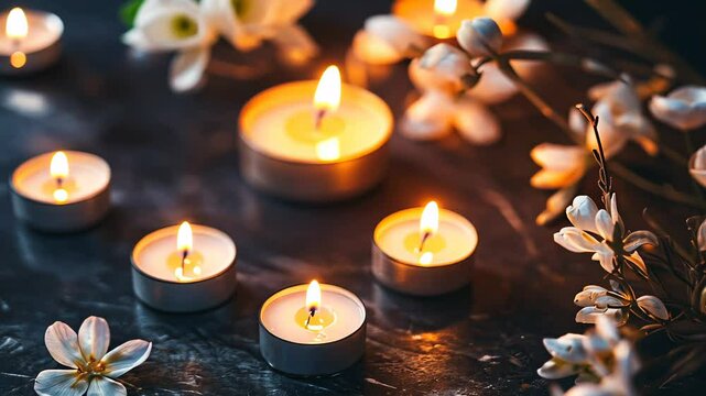 Candles lightning between flowers for rememberance day ceremony for honoring those we have lost in peaceful reflection