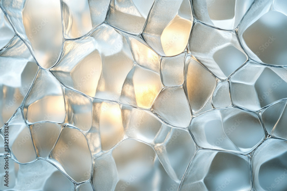 Poster abstract image of interconnected, translucent, and irregularly shaped cells with a soft, warm light 