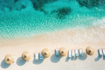 Aerial view of a pristine beach with turquoise water, white sand, and beach loungers under straw umbrellas.