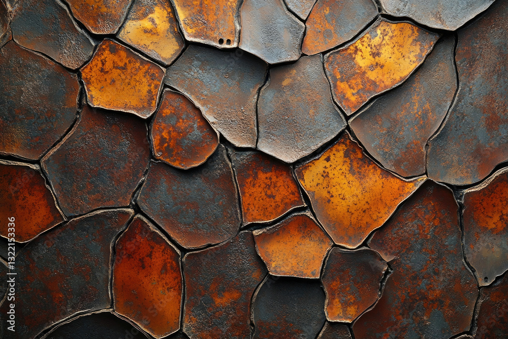 Poster irregularly shaped rusty metal pieces form a mosaic pattern, showcasing a blend of dark gray and bur
