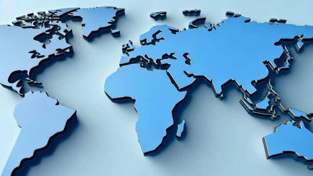 Detailed world map in blue color showing continents and oceans on a light background