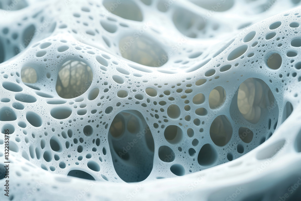 Poster abstract 3d render of a porous, spongy, cavernous structure with interconnected cavities.