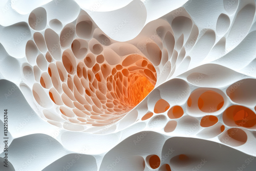 Poster Abstract 3D rendering of a swirling, porous, white structure with orange inner glow, resembling a tunnel or cave.