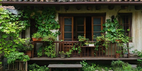 Fototapeta premium An old wooden building with greenery and open windows