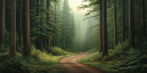 Obraz premium Serene forest path winding through towering trees surrounded by lush greenery in early morning light