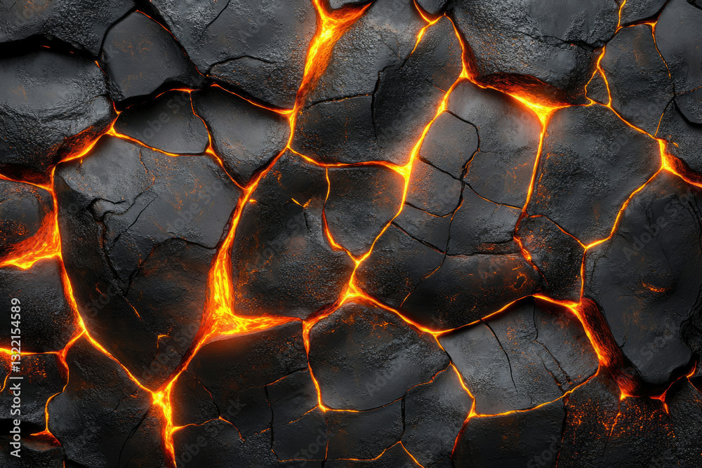Poster molten lava flows through cracks in dark volcanic rock, creating a fiery, textured surface.