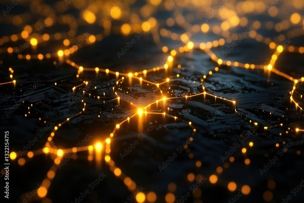 Poster Abstract digital network, glowing nodes connected by lines on a dark background.  Represents technology and connectivity.