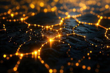 Naklejka premium Abstract digital network, glowing nodes connected by lines on a dark background. Represents technology and connectivity.
