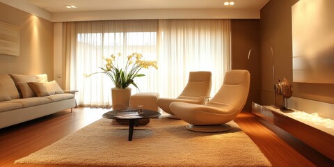 Fototapeta premium Modern Living Room Interior Featuring Seating Arrangement And Decorative Accents