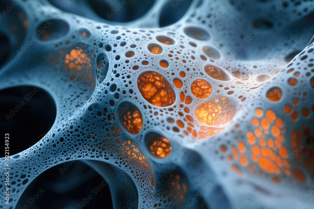 Poster Abstract 3D render of a porous, interconnected structure with glowing orange inner cavities.