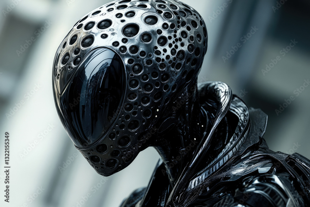 Aufkleber close-up of a sleek, black, biomechanical robot with a unique helmet design.