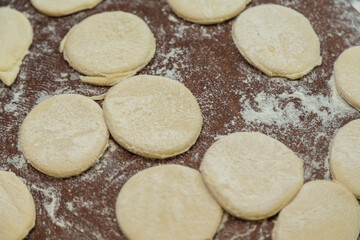 Circles of cookie dough on a table sprinkled with flour