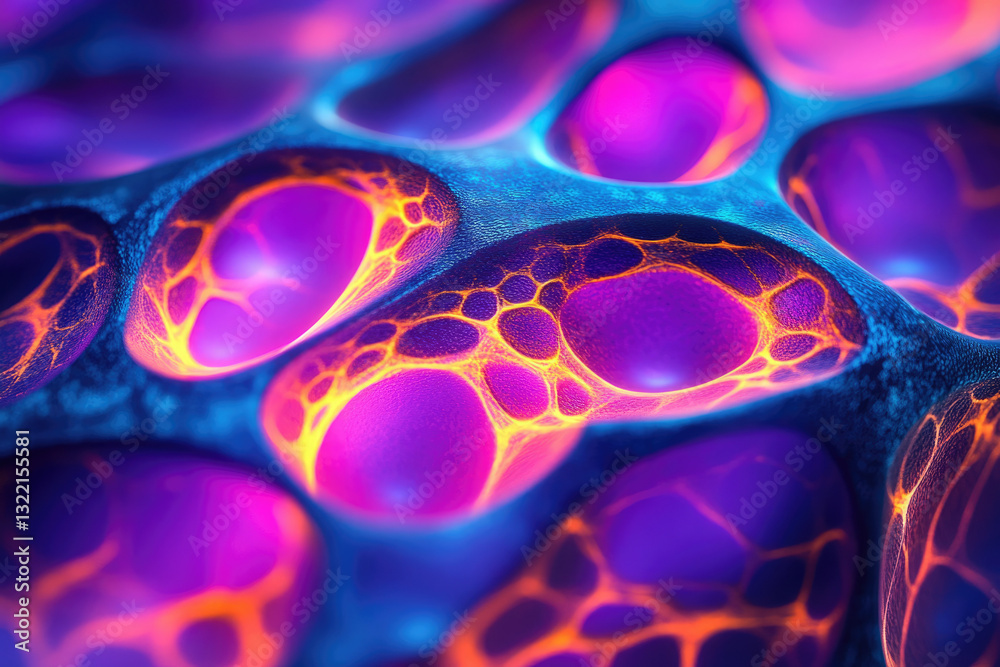 Poster abstract vibrant image showcasing a bioluminescent, organic, network of glowing cells or structures.