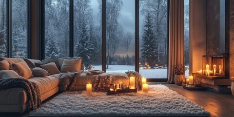 A Cozy Living Space Decorated With Warm Lights And Winter Scenery