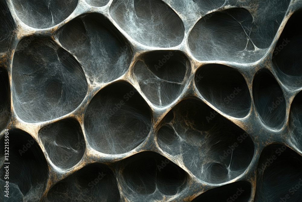 Poster Abstract dark textured image showing interconnected organic shapes resembling a complex network or porous structure.