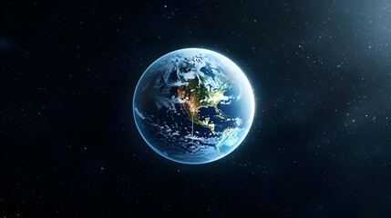 Obraz premium Pixelated Earth From Space With Glowing Blue Oceans And Green Continents Against A Dark Starry Sky In 8-Bit Digital Art