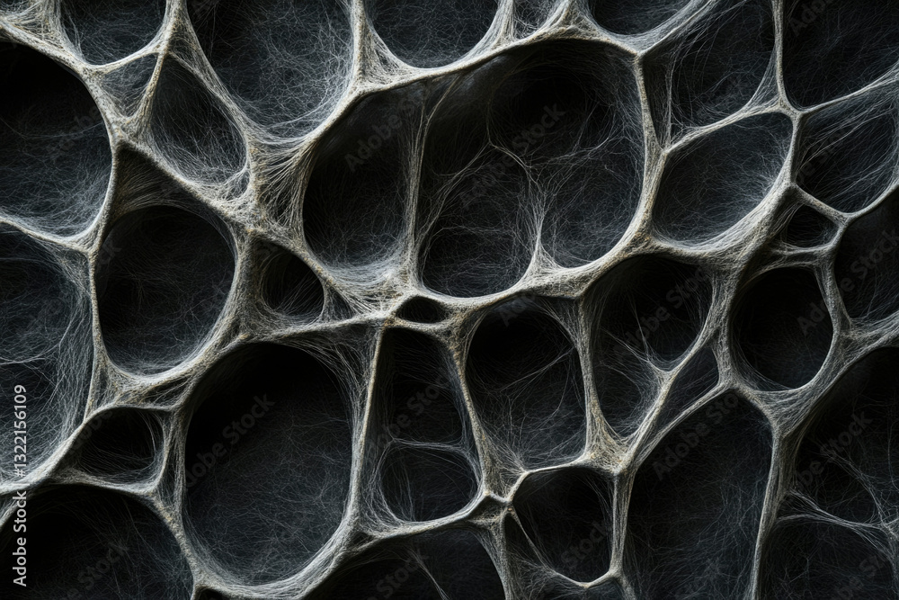 Poster Intricate web-like structure with irregular cavities, resembling a complex network or organic texture.