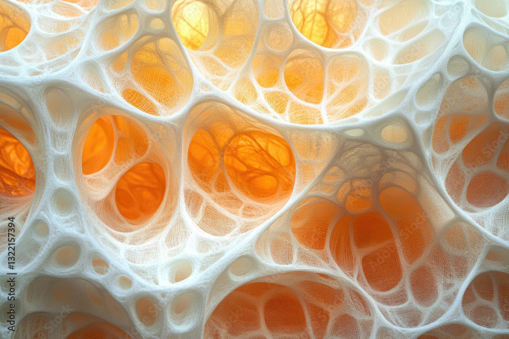 Poster intricate network of white threads forming a porous, organic structure with glowing orange cavities.