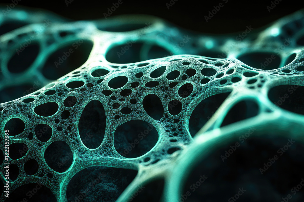 Poster abstract teal network, intricate mesh structure with interconnected nodes and voids, resembling a co