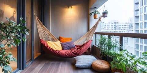 A cozy balcony space with a hammock and some plants