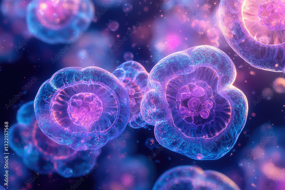 Poster Microscopic view of glowing, bioluminescent cells, possibly representing a cellular structure or organism.