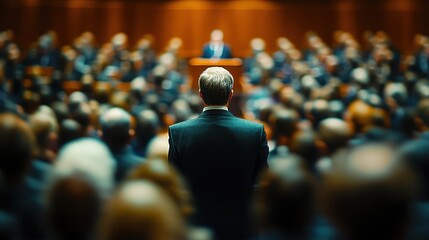 Political speech addressing key issues conference hall event photo professional environment audience viewpoint