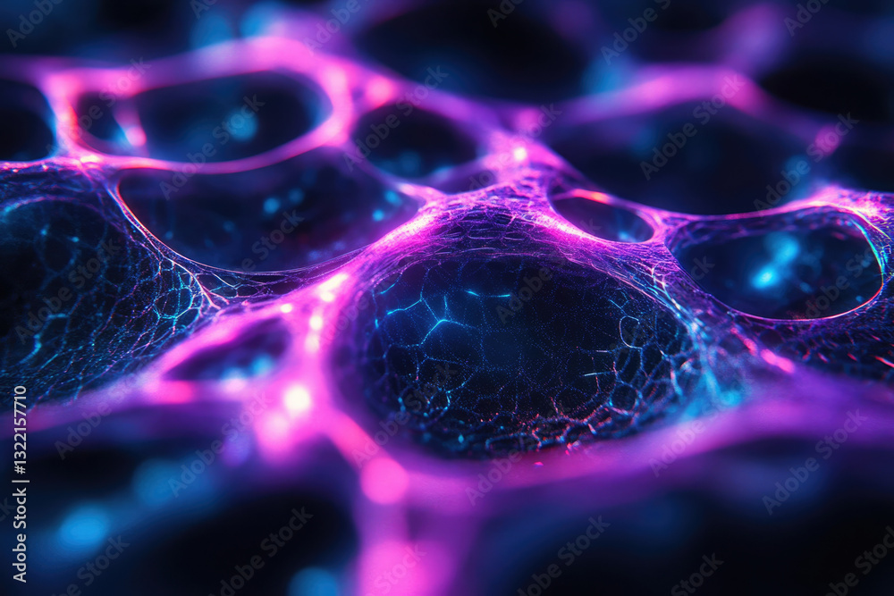 Poster abstract digital art depicting a vibrant, glowing network resembling neural pathways or a cosmic web