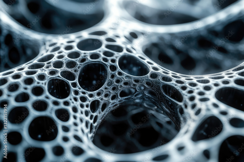 Poster Abstract 3D rendering of a complex network structure with interconnected nodes and cavities.