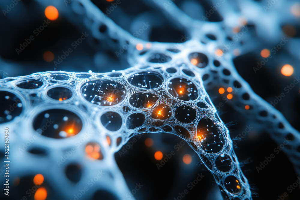 Poster Abstract 3D rendering of a complex network structure with glowing nodes, resembling a neural network or cellular structure.
